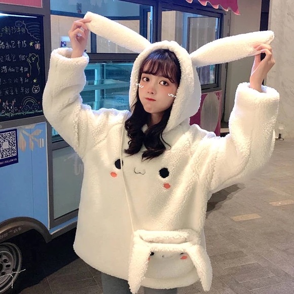 Rabbit ears sweater hoodie bag set fuzzy white cream fun Kawaii womens cartoon - Picture 2 of 6